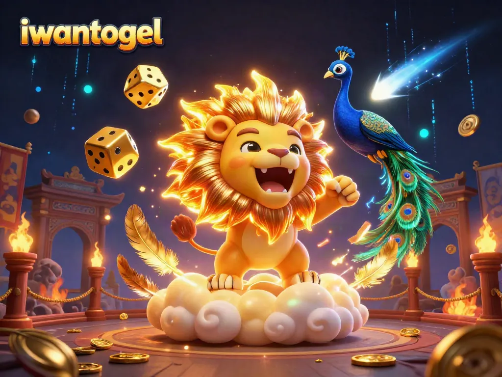 Engage with iwantogel in this vibrant 3D illustration featuring a lion and dynamic casino elements.