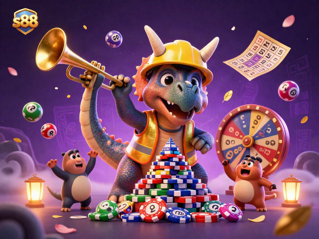 s88 celebrates with a triceratops building poker chips while enjoying lottery fun and prizes.