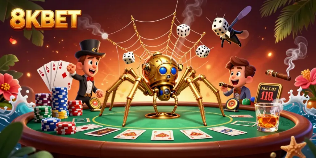 Engage in thrilling gameplay with 8KBET in this vibrant steampunk casino scene filled with poker elements.