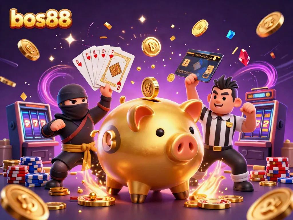 Bos88 piggy bank sumo wrestler shakes coins while wallet ninja and credit card samurai referee battle in dynamic casino scene.