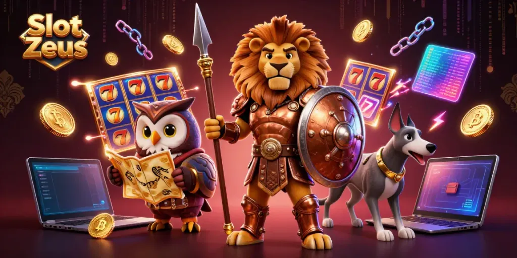 Permainan slot Zeus menampilkan gambaran karakter 3D megah dengan elemen kasino menarik.