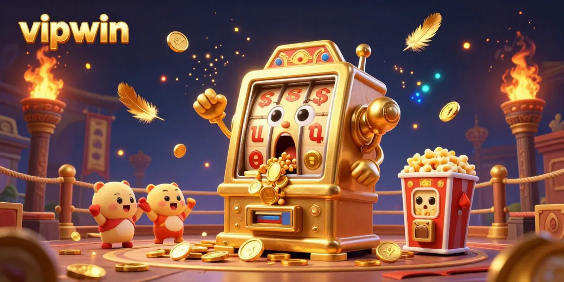Engaging vipwin scene with a cartoon golden slot machine hitting a jackpot, coins flying around.