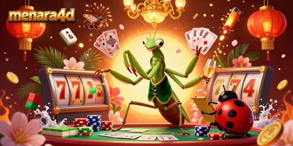 Engage with menara4d in a vibrant casino scene featuring a card sharp mantis and ladybug pit boss.
