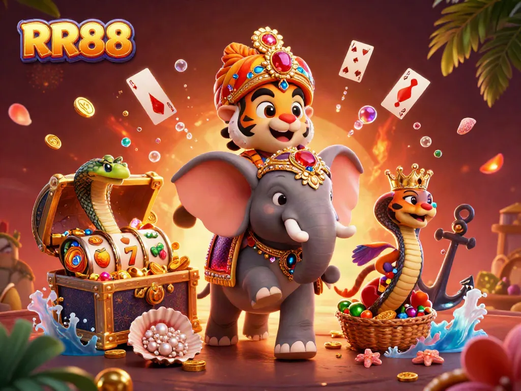 Experience the thrill of RR88 with a dynamic illustration featuring a maharaja tiger, an elephant, and gameplay elements.