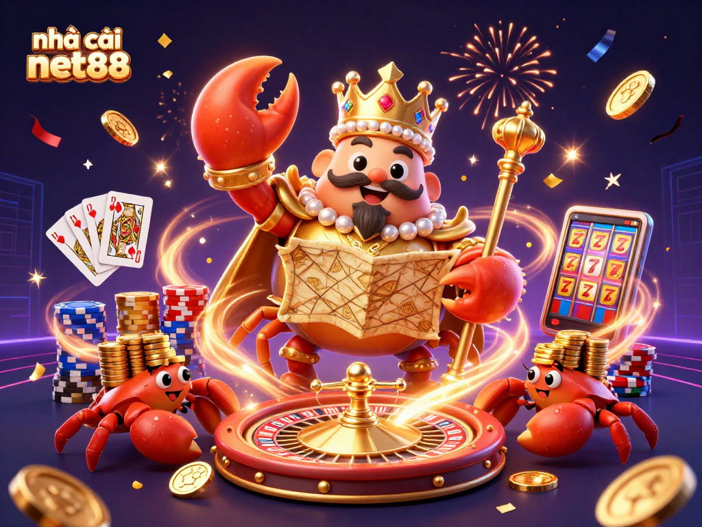 Experience excitement with nhà cái net88 featuring a regal crab emperor in a vibrant casino scene.