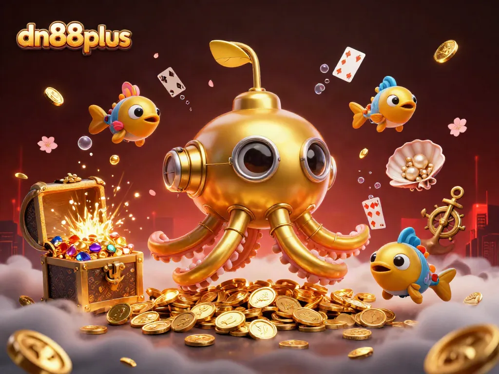 Spin and win with dn88plus in an immersive 3D underwater casino adventure scene.
