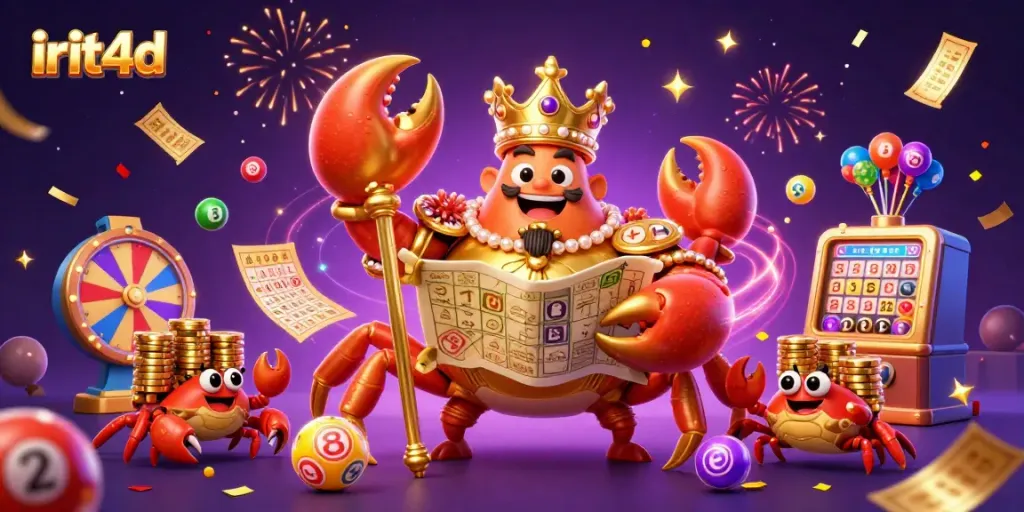 Join the gaming excitement with irit4d, featuring a golden crab emperor in a vibrant casino scene bursting with celebration and rewards.