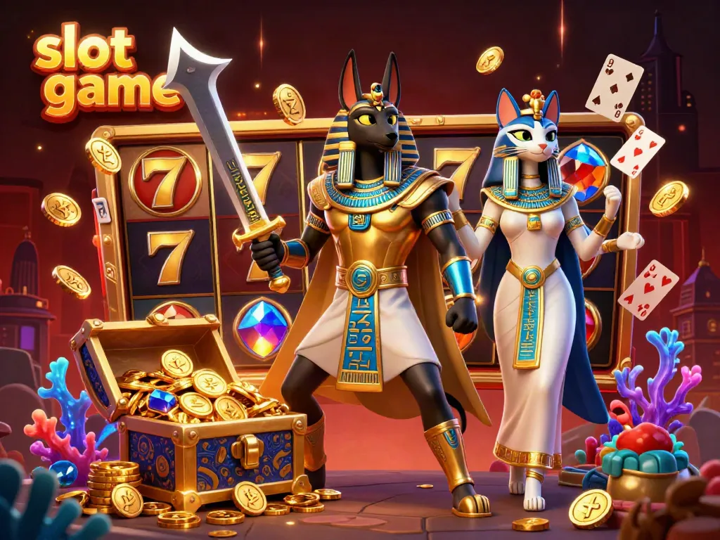 Engaging scene of Anubis and Bastet featuring slot game elements like reels and jackpots