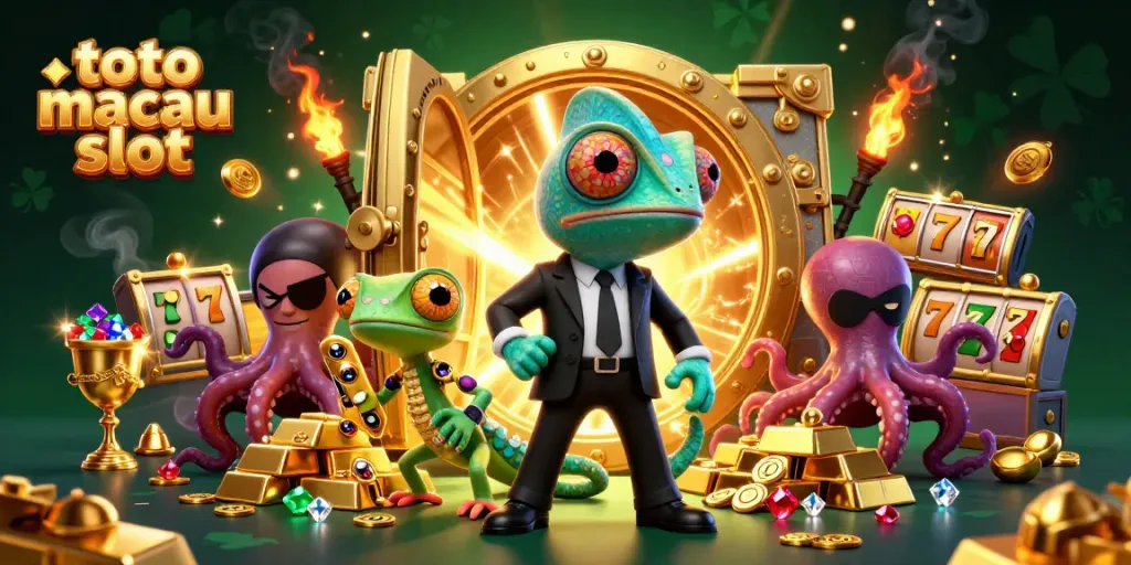 Menangkan permainan dengan toto macau slot dalam ilustrasi 3D yang penuh warna.